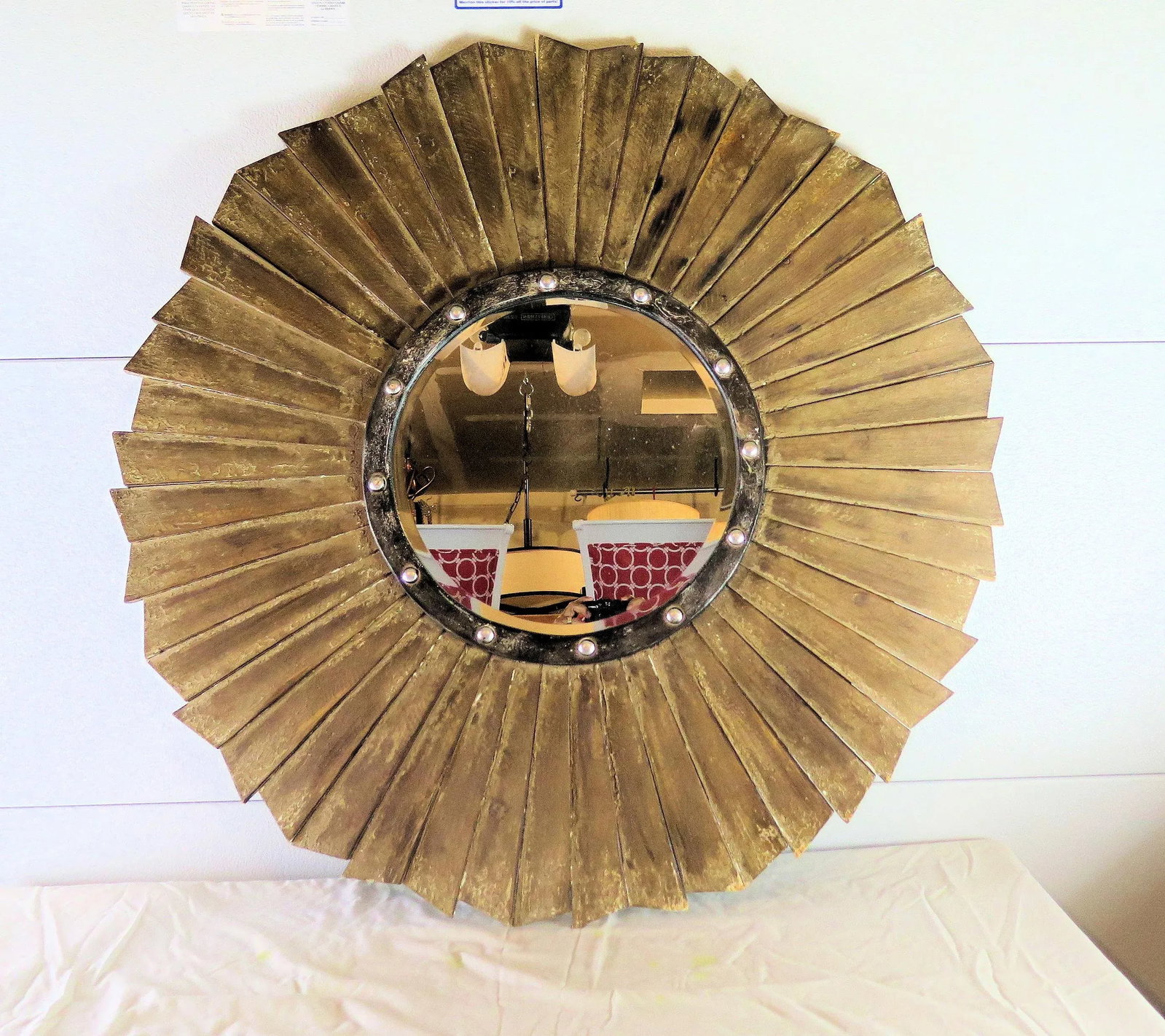 Large French Mid Century Sun Ray Style Wooden Plank Naturally Distressed Mirror - 5