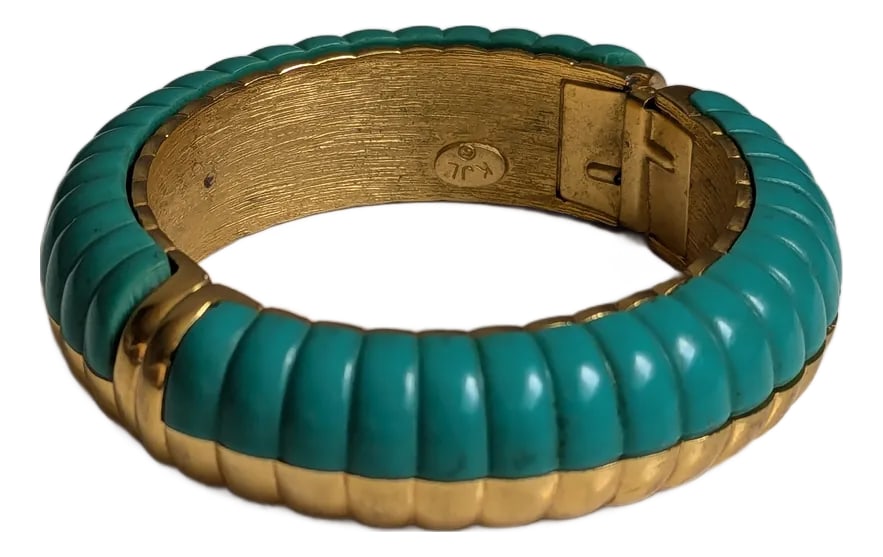 80's Kenneth Jay Lane Teal Enamel and Gold Bangle: Kenneth Jay Lane Bangle from the 1980's in teal and gold tone. The clasp is a spring clasp. Good for dressy to casual occasions. Condition: Alterations: Original Condition Unaltered Imperfections: