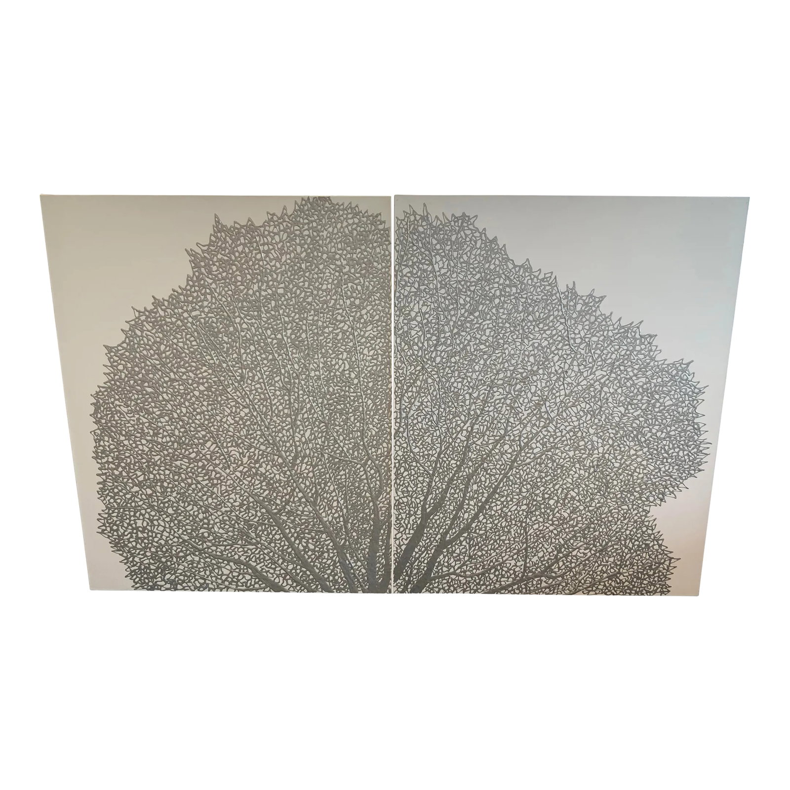 Pair of Silver Coral Canvases: Enhance your space with this striking pair of large silver coral canvases, perfect for adding a touch of coastal elegance to any room. Each canvas features intricate silver coral designs against a