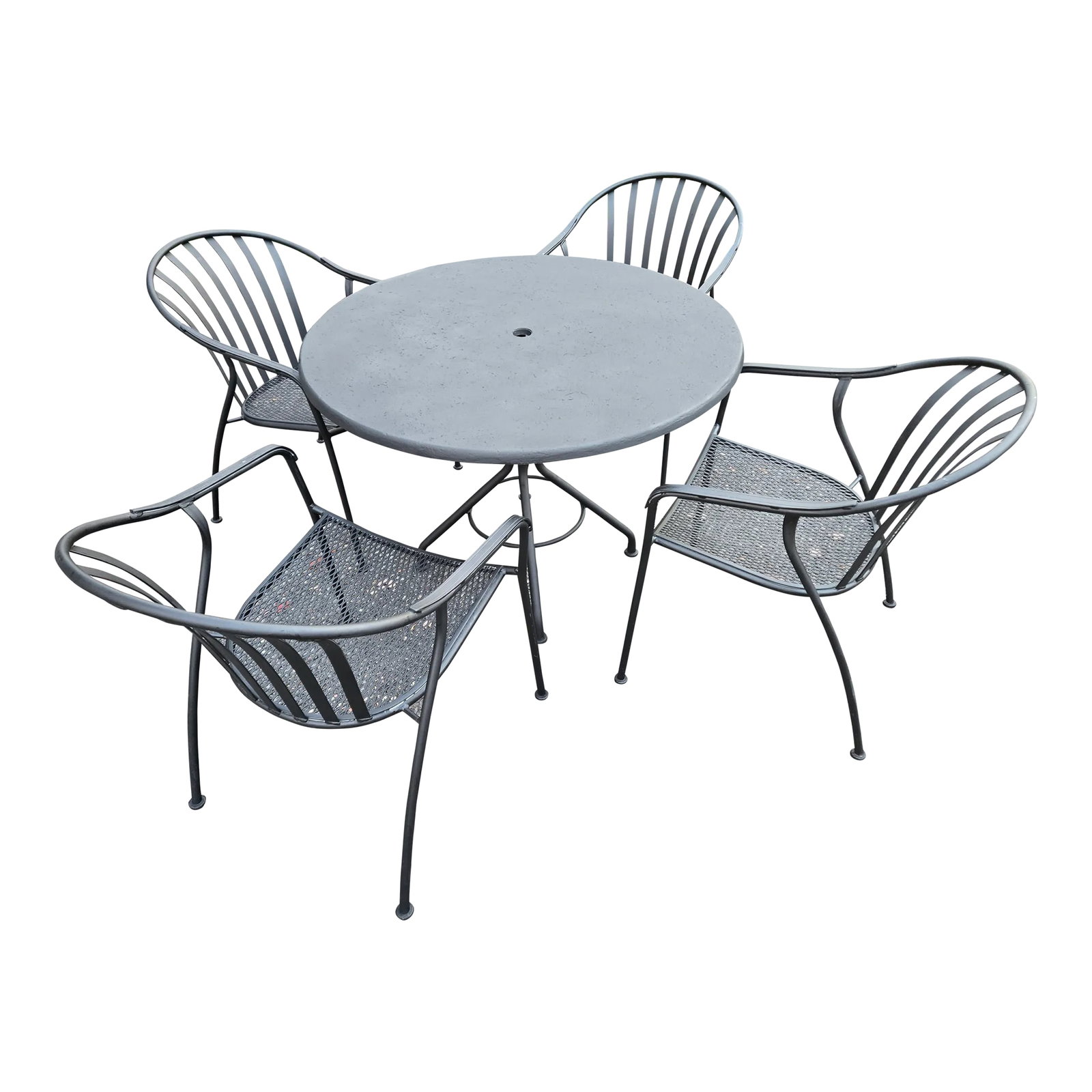 Woodard Wrought Iron Valencia Dining Set: This is a Set of 4 Wrought Iron Chairs recently refinished in Flat Black, with a FiberStone Top and Iron Base. The table has an umbrella hole. This set is in Woodard's Valencia style without a makers