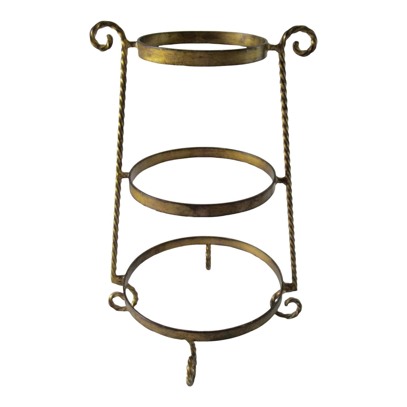 Vintage Hollywood Regency Italian Gold Gilt Metal Rope Handwrought 3-Tier Serving Tower: Add some glam to your entertaining with this fabulous Hollywood Regency handwrought serving tower/stand. Heavy and stable with three tiers to customize with your own plates, it's the perfect addition