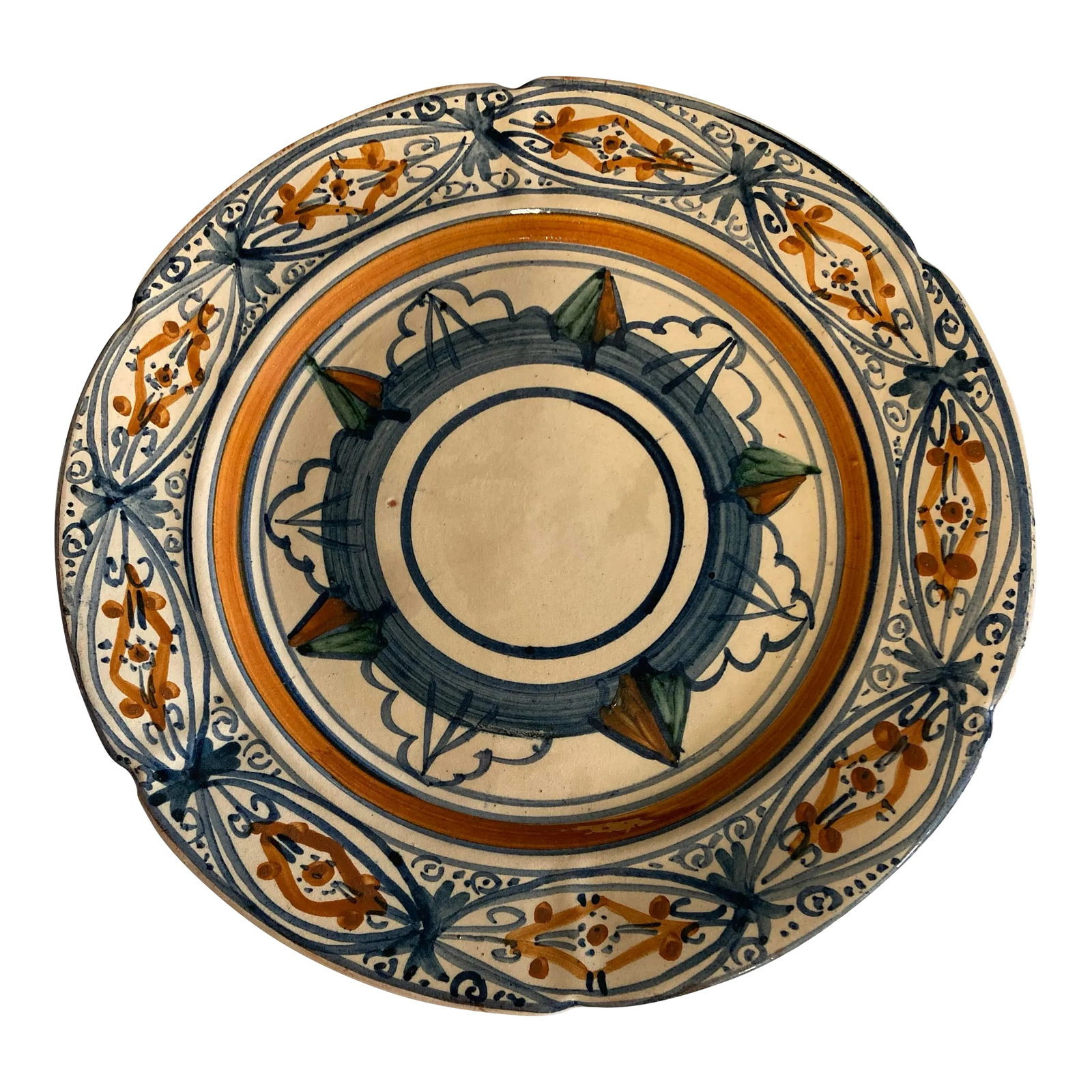 Italian San Zeno Pisa Majolica Hand Painted Plate: This rare and captivating decorative plate was produced in the 1920s or 1930s by San Zeno, a small artisan pottery studio located near the Basilica of San Zeno in Pisa, Italy. Featuring rich hand-pain
