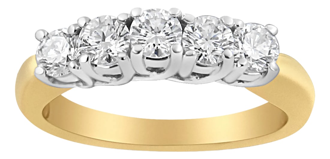 18K Yellow Gold 1.0 Cttw 4 Prong Set Round Cut Diamond Step up 5 Stone Ring Band (F-G Color, SI1-SI2: Add a timeless appeal to your look with this diamond fashion ring. Sleek and sophisticated, the ring is made using 18 karats yellow gold and is finely polished with grace. It features sparkling