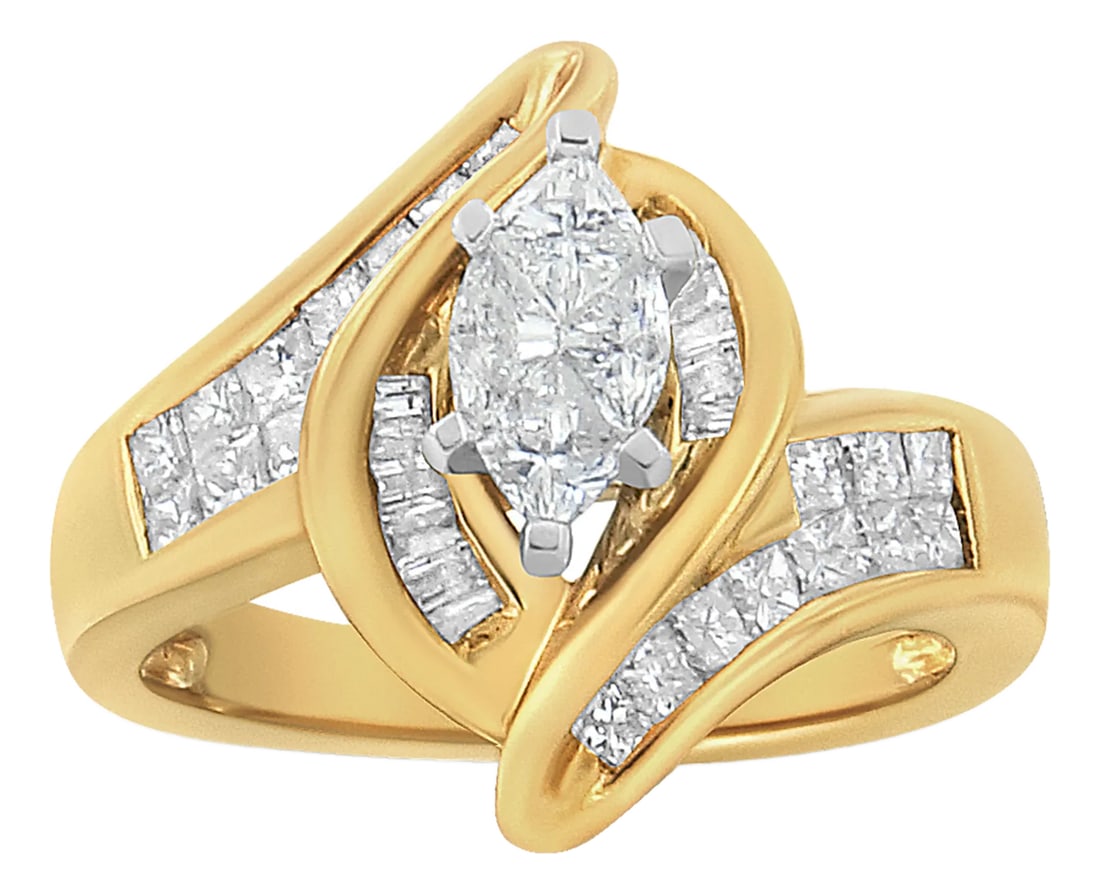 14K Yellow Gold Princess, Baguette, and Pie cut Diamond Marquise Shaped Ring (1 1/4 Cttw, G-H Color,: This diamond engagement ring features a central marquise-shaped diamond set within a 14 karat yellow gold band. Baguette and princess cut diamonds along the band add extra sparkle to this elegant
