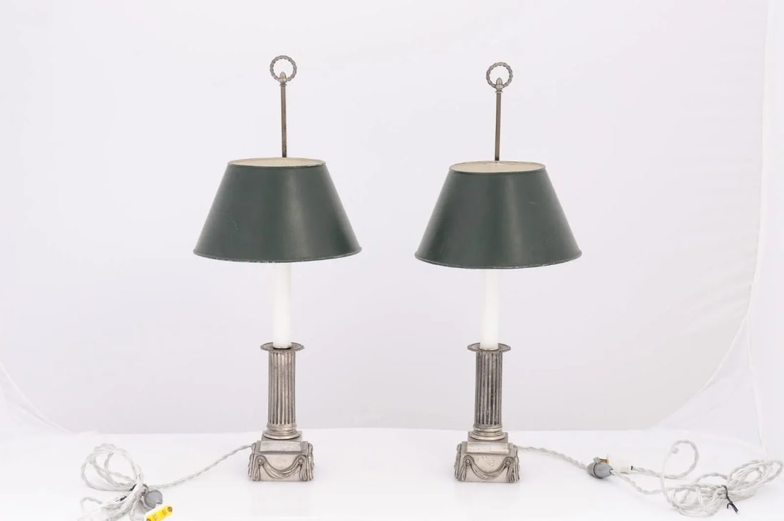 Pair of Petite French Early 20th Century Silver Plate Buillotte Lamps - 11