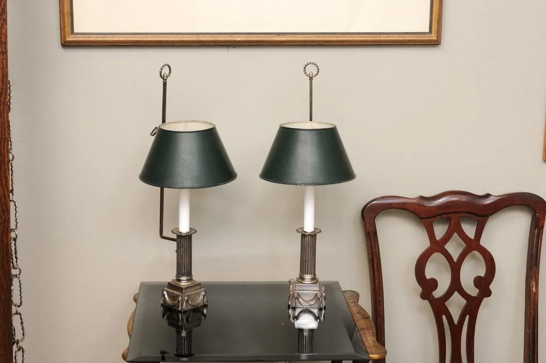 Pair of Petite French Early 20th Century Silver Plate Buillotte Lamps - 12