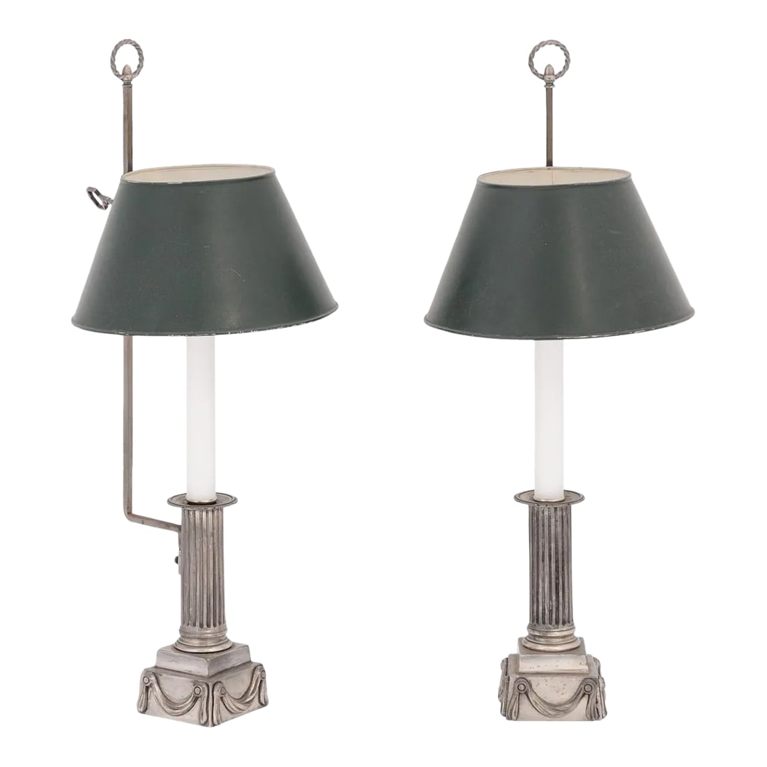 Pair of Petite French Early 20th Century Silver Plate Buillotte Lamps: Beautiful single light French buillotte lamps from the early 20th century. The original metal shades are a deep hunter green and have age and wear consistent with the age of the lamps. All of the