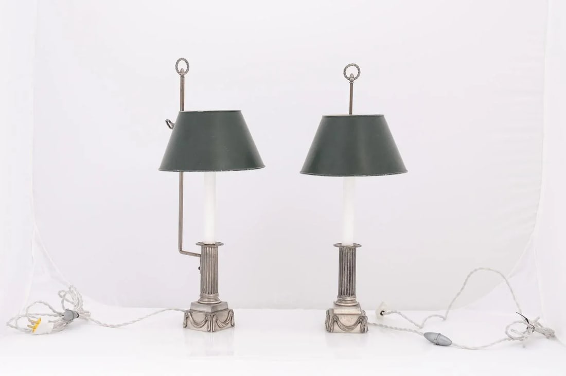 Pair of Petite French Early 20th Century Silver Plate Buillotte Lamps - 2