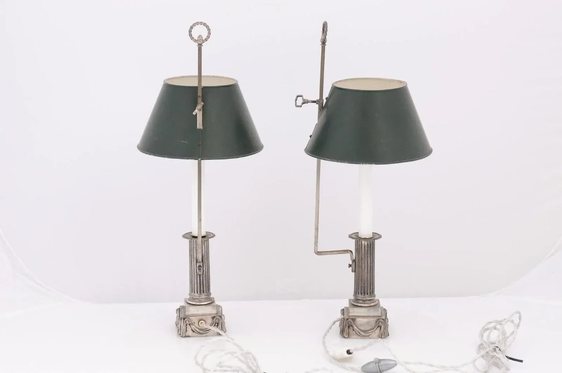 Pair of Petite French Early 20th Century Silver Plate Buillotte Lamps - 6
