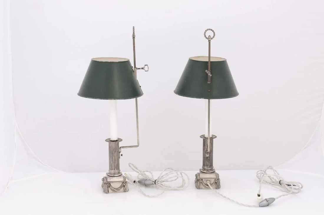 Pair of Petite French Early 20th Century Silver Plate Buillotte Lamps - 8