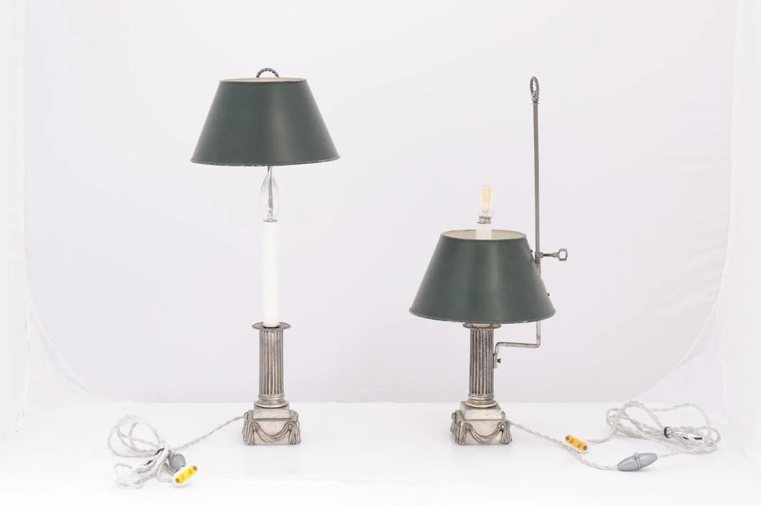 Pair of Petite French Early 20th Century Silver Plate Buillotte Lamps - 9