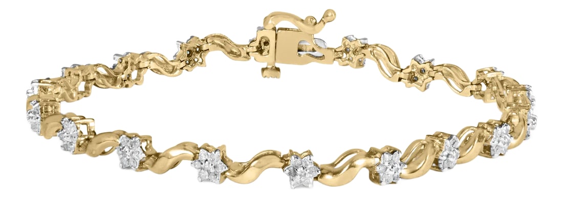10k Yellow Gold 1.00 Cttw Round-Cut Diamond Floral S-Link 7.50" Bracelet (I-J Color, I2-I3 Clarity): Introducing a captivating masterpiece that effortlessly combines elegance and nature's beauty. Crafted in lustrous 10k yellow gold, this enchanting bracelet features a stunning floral S-link design