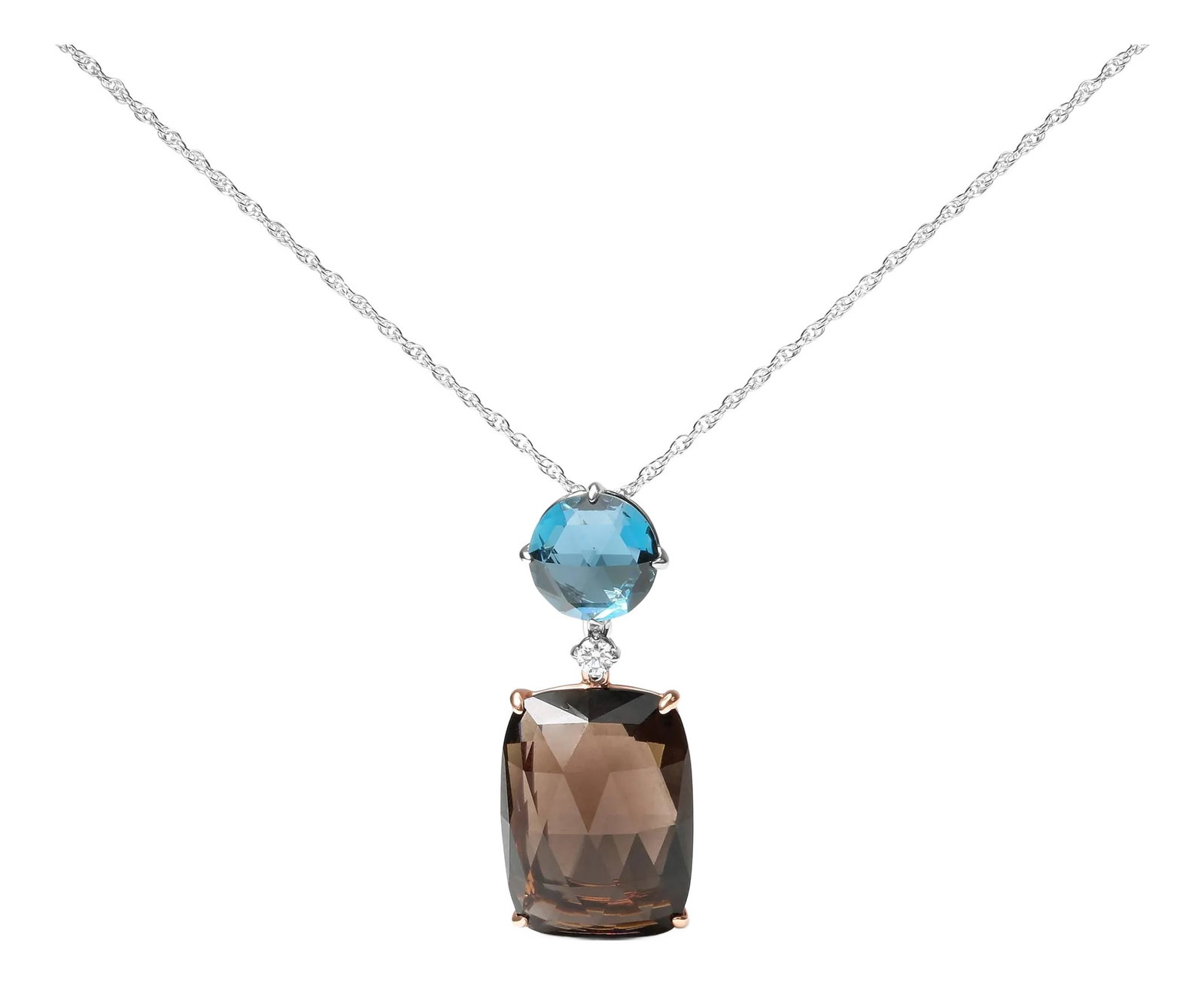 18K Rose and White Gold Diamond Accent and London Blue Topaz and Cushion Cut Smoky Quartz Gemstone D: Celebrate any occasion with the beauty and allure of natural gemstones! This lovely pendant necklace is crafted from genuine 18k rose and white gold, a metal that will stay tarnish-free for years to c