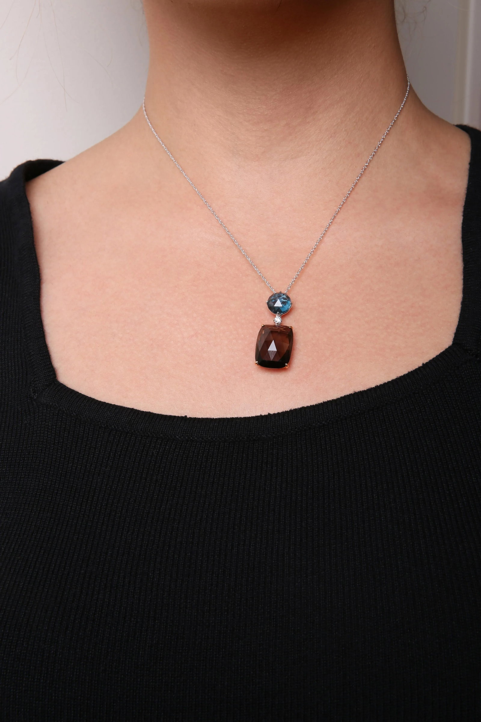 18K Rose and White Gold Diamond Accent and London Blue Topaz and Cushion Cut Smoky Quartz Gemstone D - 4