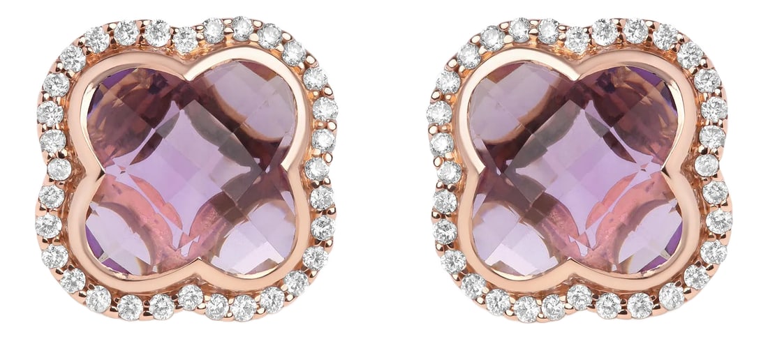 18K Rose Gold 3/8 Cttw Diamond and 11x11mm Clover-Cut Purple Amethyst Gemstone Clover Halo Stud Earr: Wear your luck whenever you slip on these gorgeous 18k rose gold stud earrings. These earrings bring you good fortune in the shape of natural 11x11mm clover-cut heat-treated purple amethyst gemstones