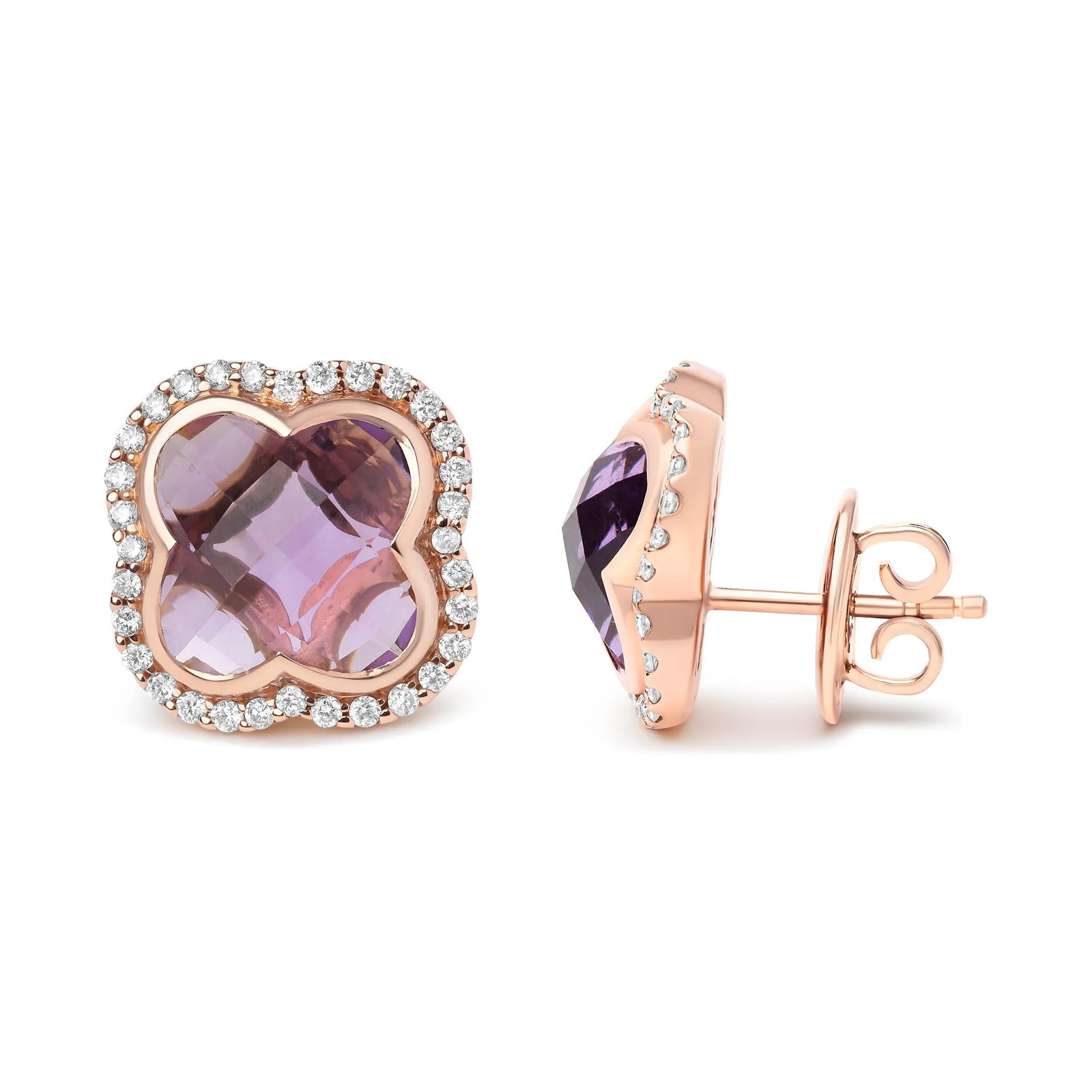 18K Rose Gold 3/8 Cttw Diamond and 11x11mm Clover-Cut Purple Amethyst Gemstone Clover Halo Stud Earr - 3