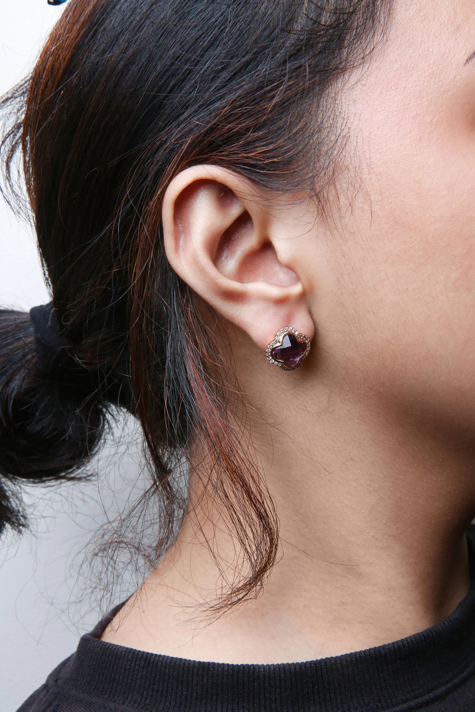 18K Rose Gold 3/8 Cttw Diamond and 11x11mm Clover-Cut Purple Amethyst Gemstone Clover Halo Stud Earr - 4