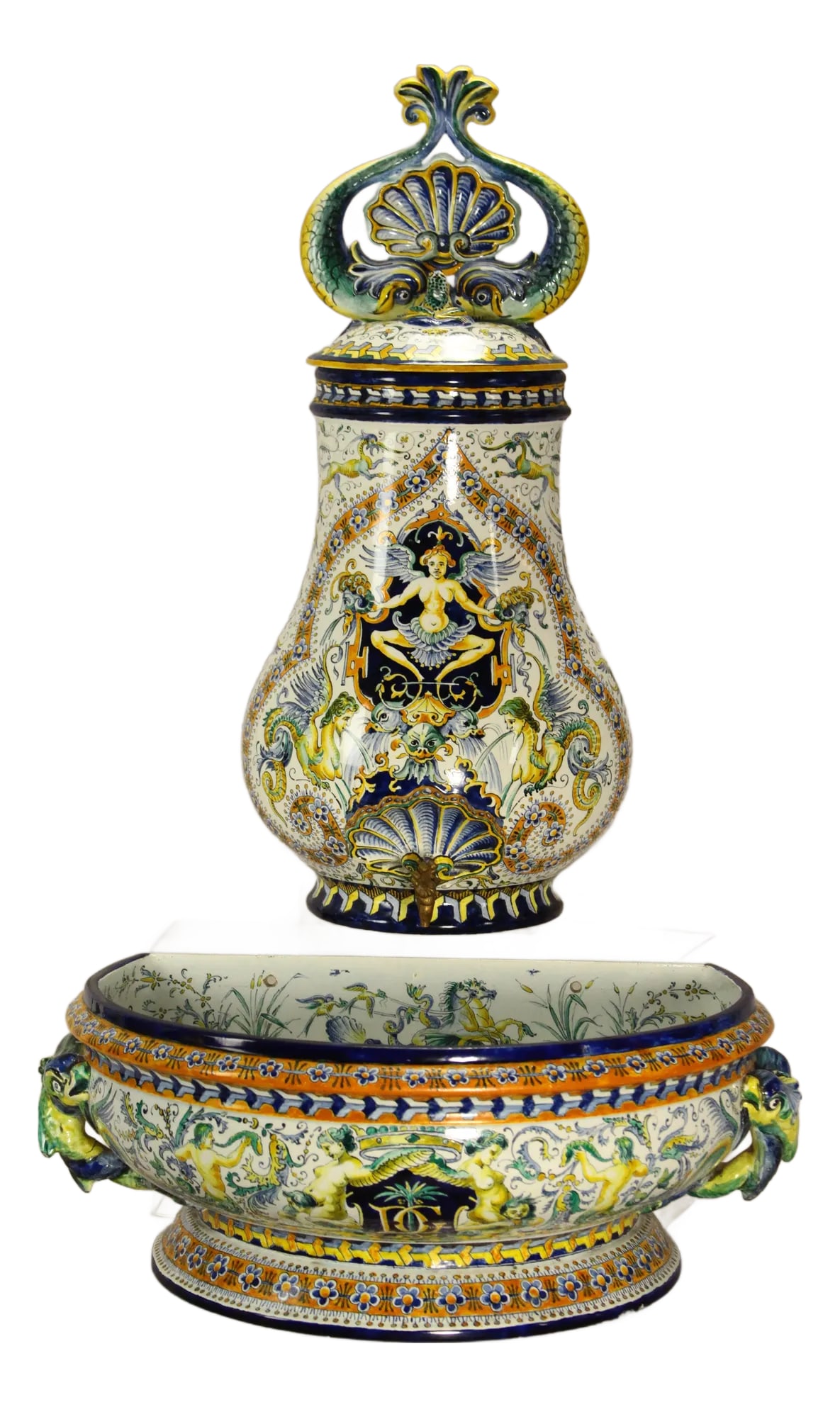 1867 Gien Faience Lavabo Wall Fountain & Basin, Neo-Classical Renaissance: A stunning lavabo set, made by the prominent French faience factory in Gien A wall fountain and a basin made of fine faience with a brass/bronze zoomorphic spigot Polychrome hand painted decorations d