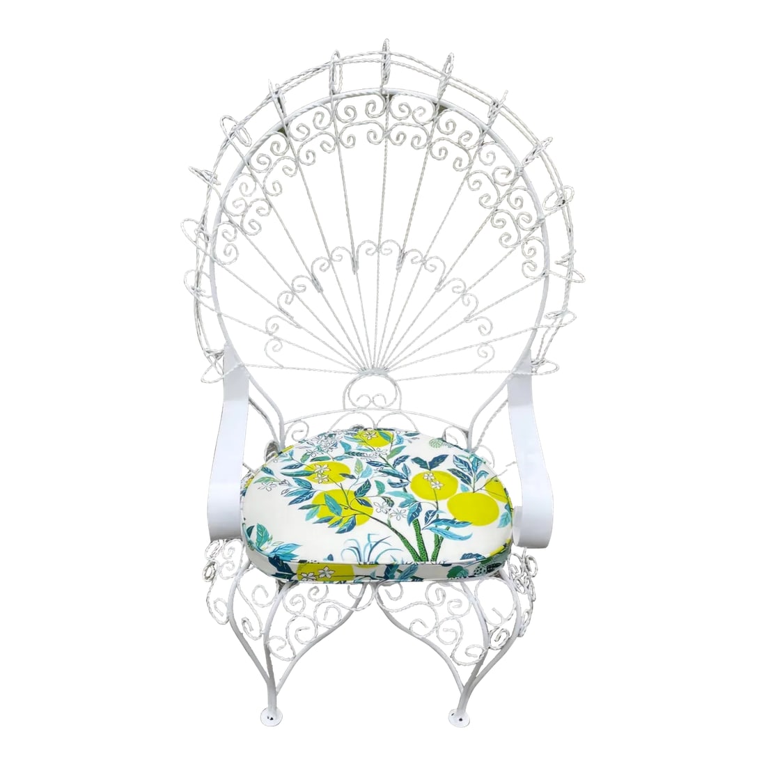 Vintage Wrought Iron Peacock Chair With Custom Cushion, Attributed: Vintage Wrought Iron Salterini Peacock Chair with custom cushion. Available now and ready to ship Amazing intricate detailing of twisted iron made during the 1920's Custom cushion Item does not contai