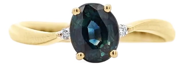 1.3 Carat Oval Cut Blue Sapphire and Diamond 3 Stone Curvy Ring, Size 6.5: A timeless 3-stone ring featuring a rich blue sapphire center flanked by delicate round cut diamond accents, set in a curved 14K yellow gold band with 2mm width for an effortlessly elegant look.