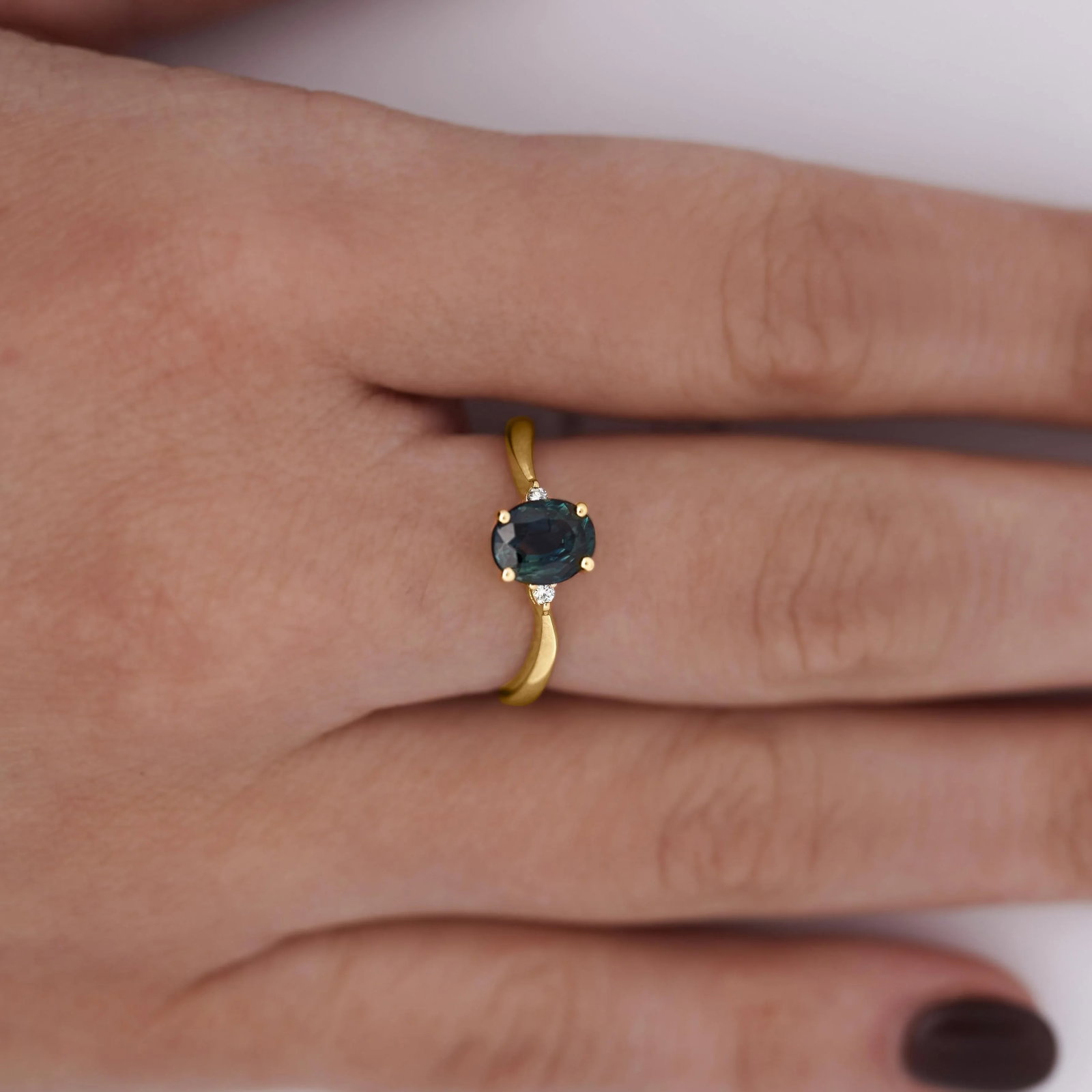 1.3 Carat Oval Cut Blue Sapphire and Diamond 3 Stone Curvy Ring, Size 6.5 - 2