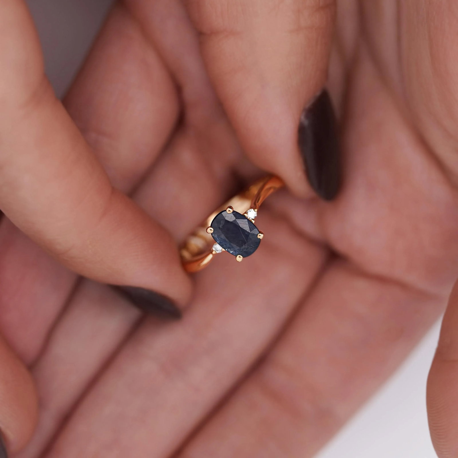 1.3 Carat Oval Cut Blue Sapphire and Diamond 3 Stone Curvy Ring, Size 6.5 - 4