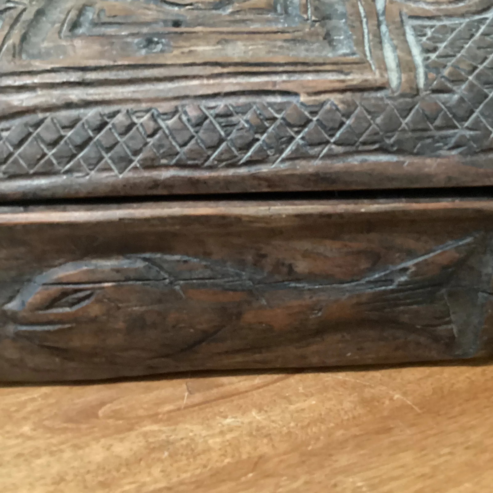 Antique Carved Wood Jewelry Letters Keepsake Box With Letters and Fish Carving - 11