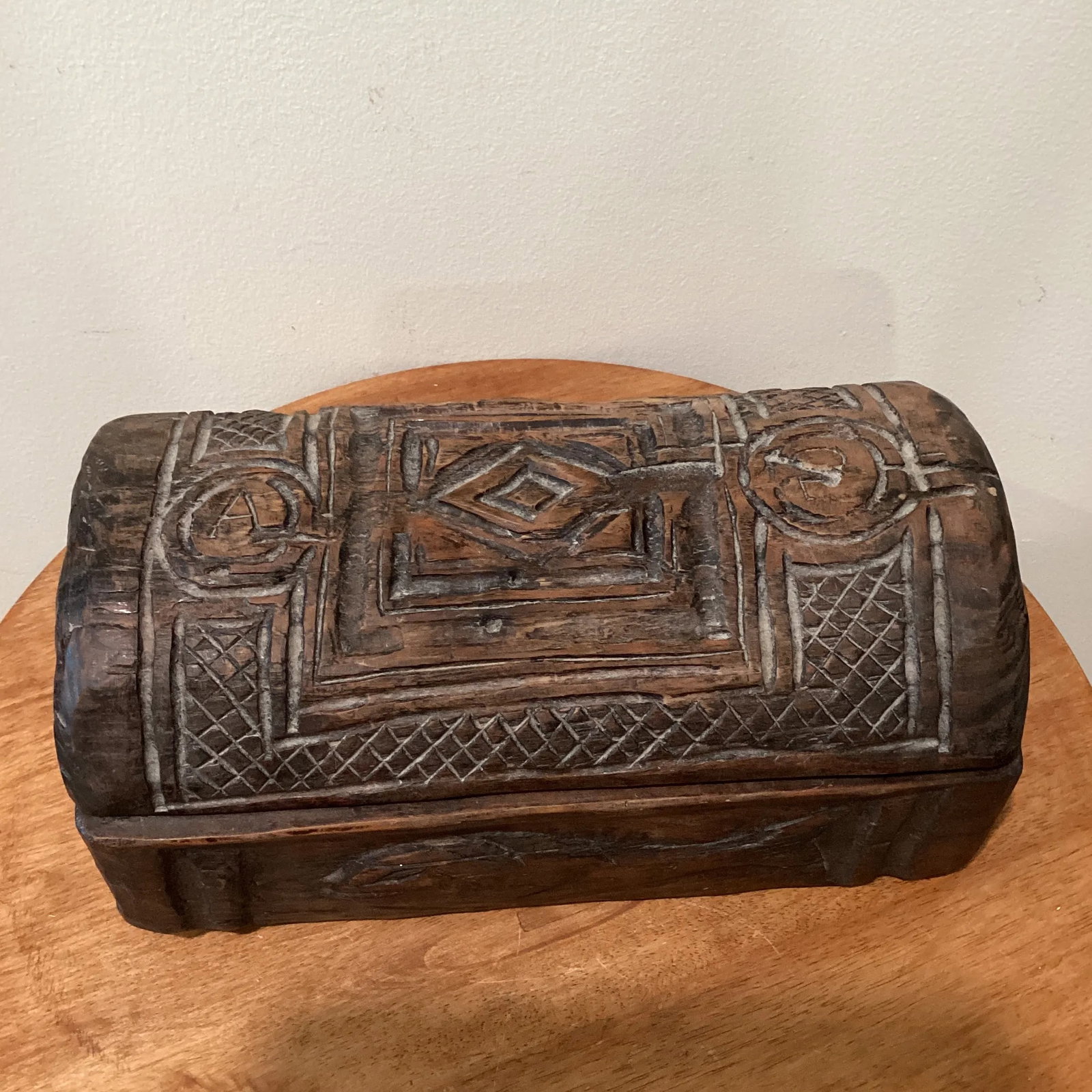 Antique Carved Wood Jewelry Letters Keepsake Box With Letters and Fish Carving - 12
