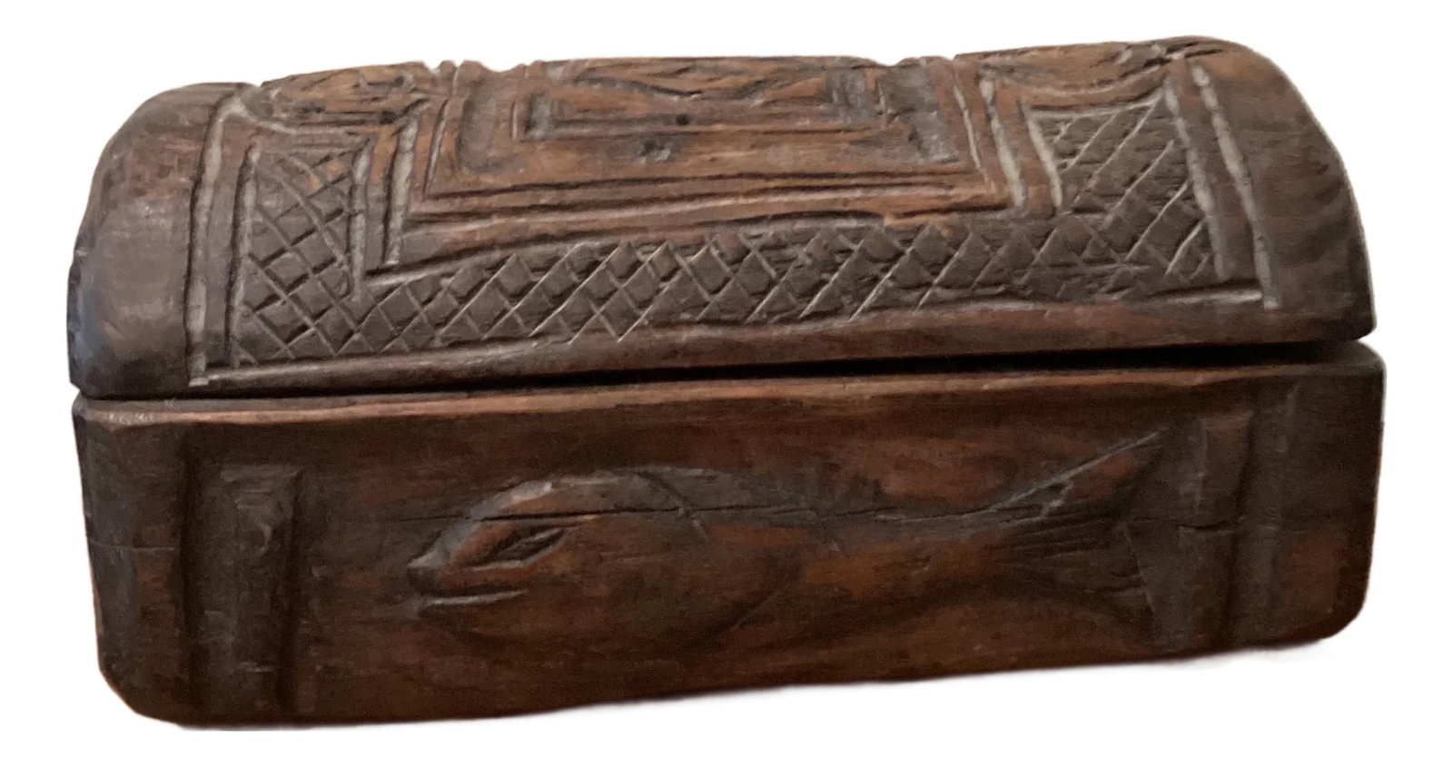 Antique Carved Wood Jewelry Letters Keepsake Box With Letters and Fish Carving: This antique wooden box is a beautiful piece of jewelry and keepsake storage. The intricate carvings of fish and letters make it a unique and Renaissance style. The box is large in size and has a
