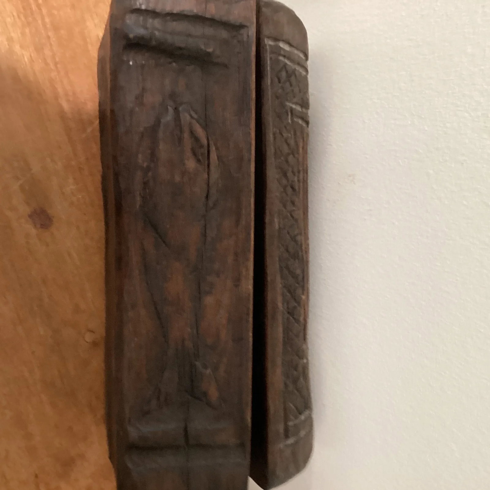 Antique Carved Wood Jewelry Letters Keepsake Box With Letters and Fish Carving - 8