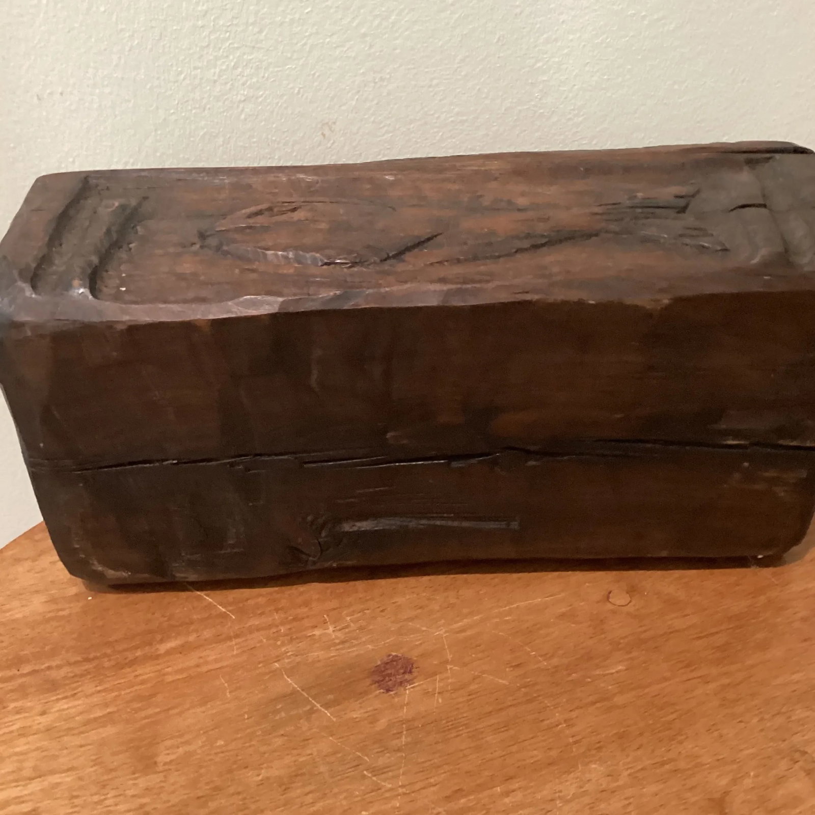 Antique Carved Wood Jewelry Letters Keepsake Box With Letters and Fish Carving - 9