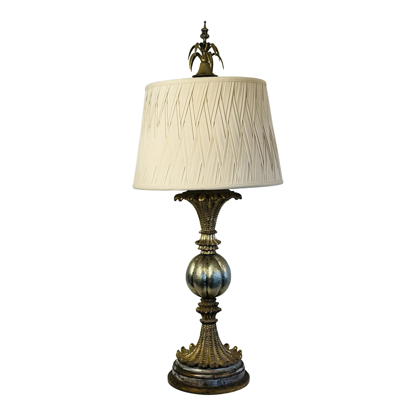 1980s John Richard Hollywood Regency Style Palm Tree Lamp With Silk Weaved Shade: John Richard Hollywood Regency Style Palm Tree Lamp With Silk Weaved Shade. This large and substantial table lamp has a prominent palm tree finial with the base of the lamp designed like a Florida pal