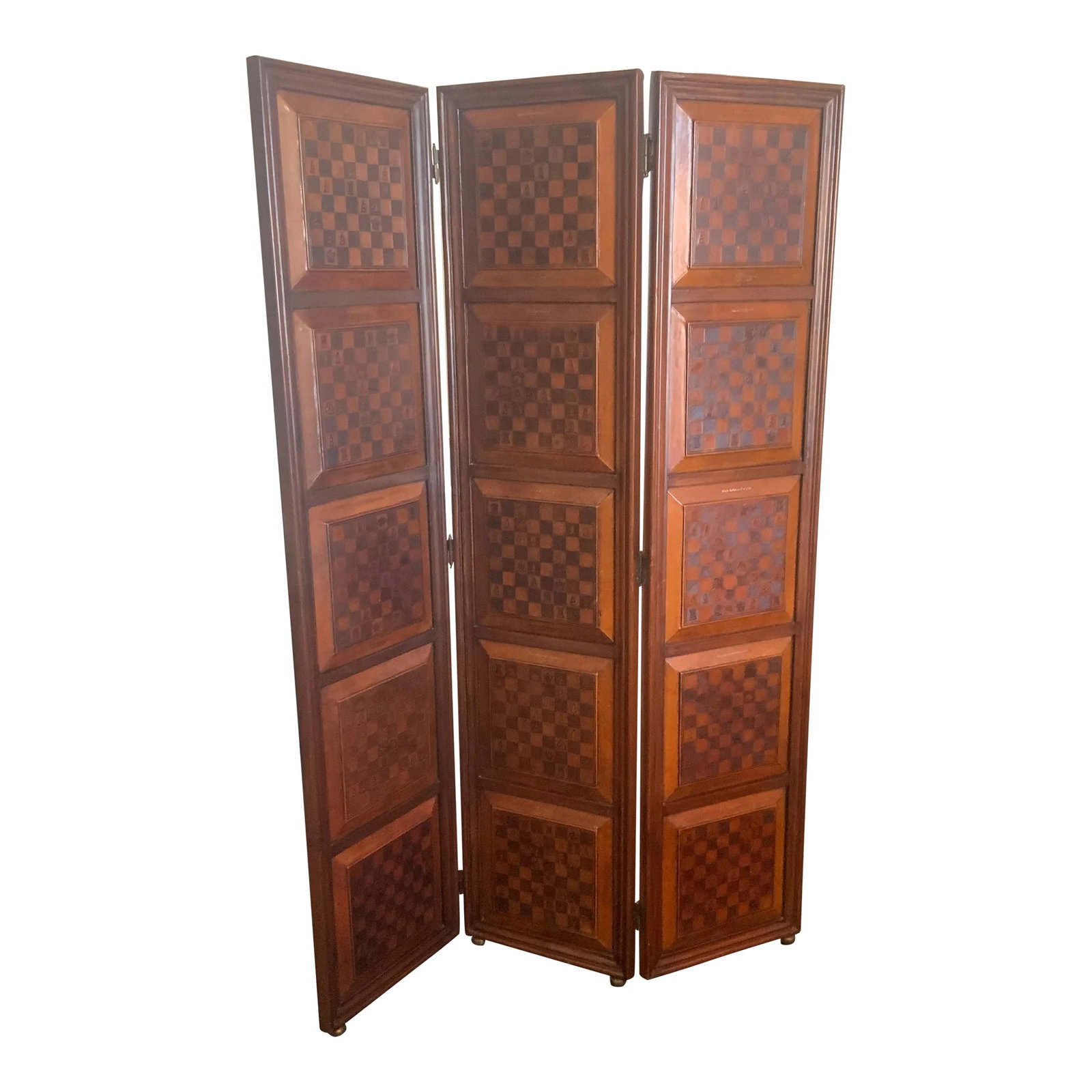1980s Dark Wood Chessboard 3 Panel Room Divider: 3 Panel Chessboard Design Room Divider with Leather Imprint over each chessboard pattern. Excellent condition with light wear to wood finish on the base consistent with age. Each chessboard pattern
