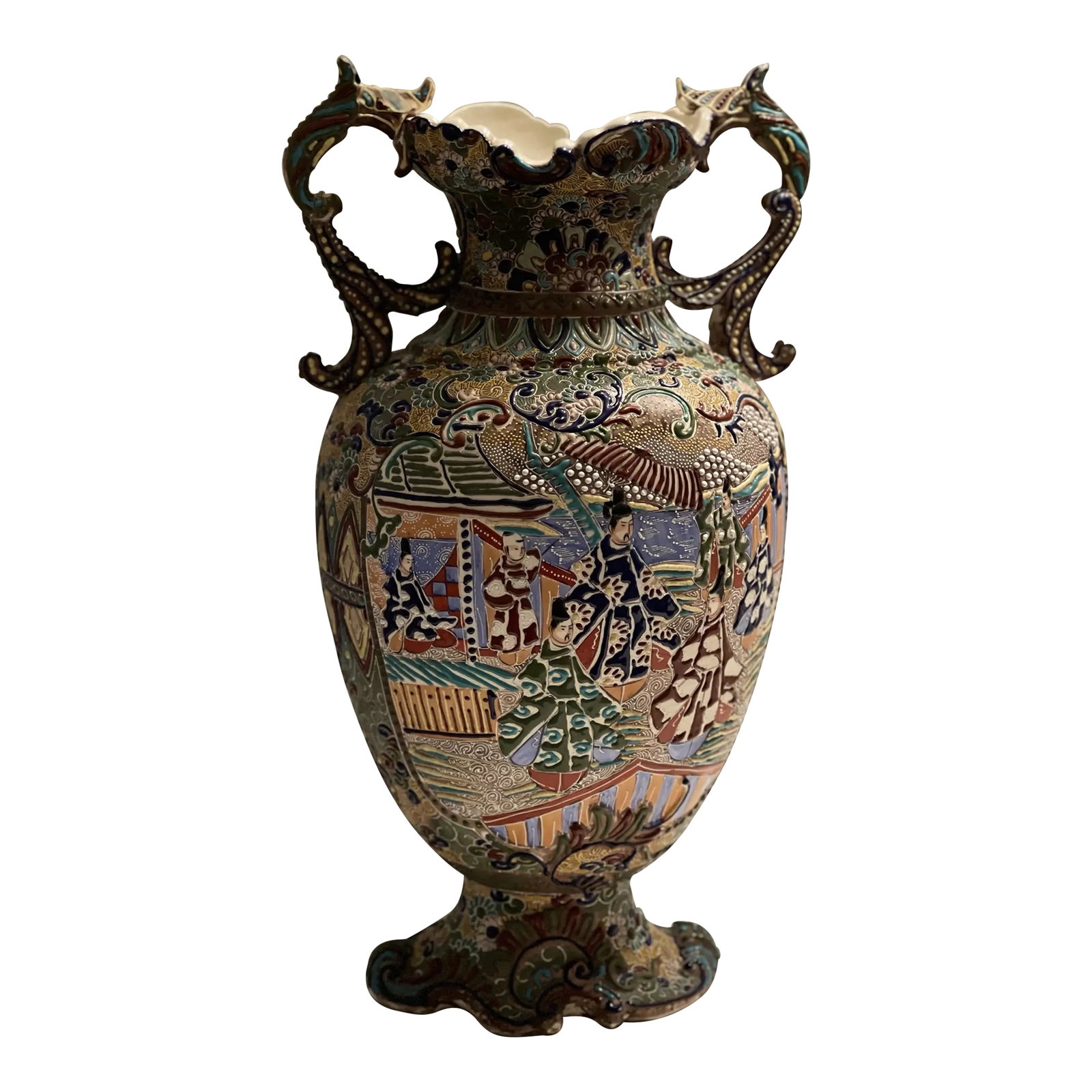 Late 19th Century Meiji Period Japanese Tall Moriage Satsuma Floor Vase: Tall Japanese Moriage Satsuma Earthenware Floor Vase. Stamped. Stamp indicates side (left or right) and design number. Stunning details on this hand painted masterpiece. Brightly colorful moriage pain