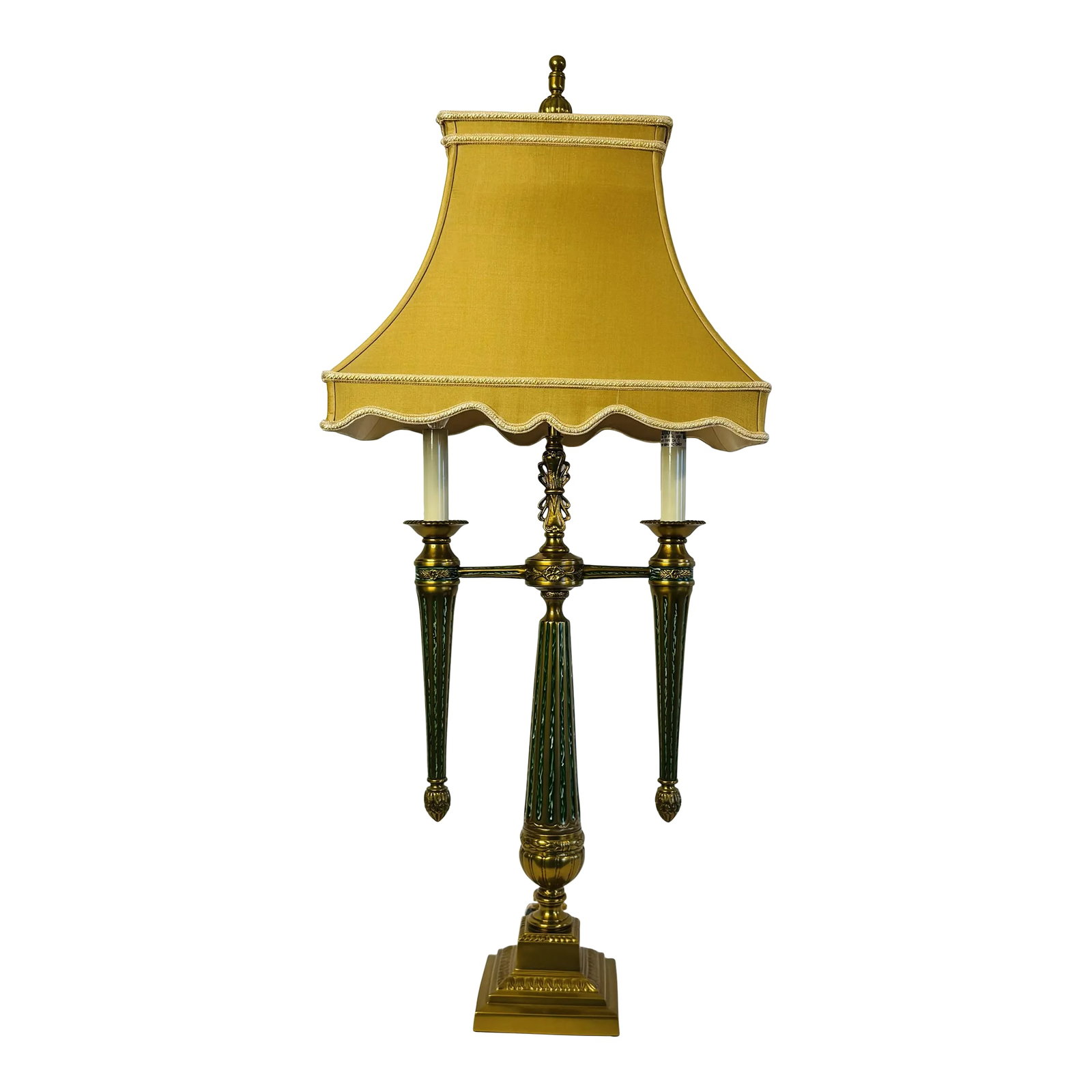1980s Chelsea House Solid Brass Candelabra Style Table Lamp With Rectangular Silk Shade: Chelsea House Solid Brass Candelabra Style Table Lamp With Rectangular Silk Shade. This table lamp is solid brass with faux-green painted accents to appear like candle dripping. There is incredible de