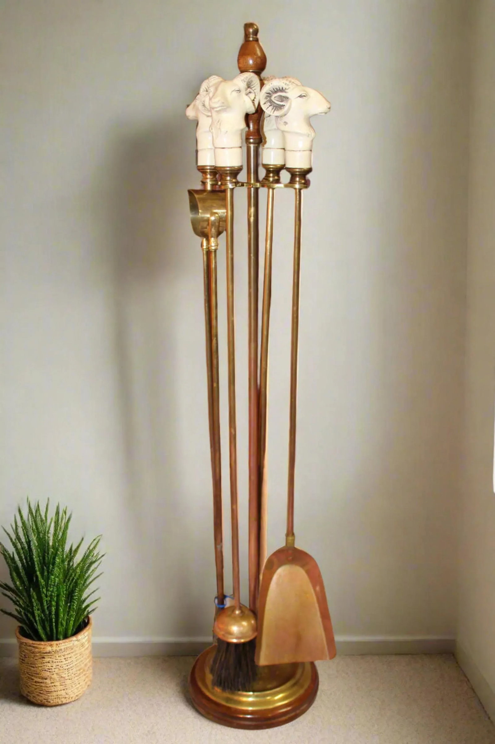 English Carved Ram Head Fireplace Tool Set | 5 Pieces - 8