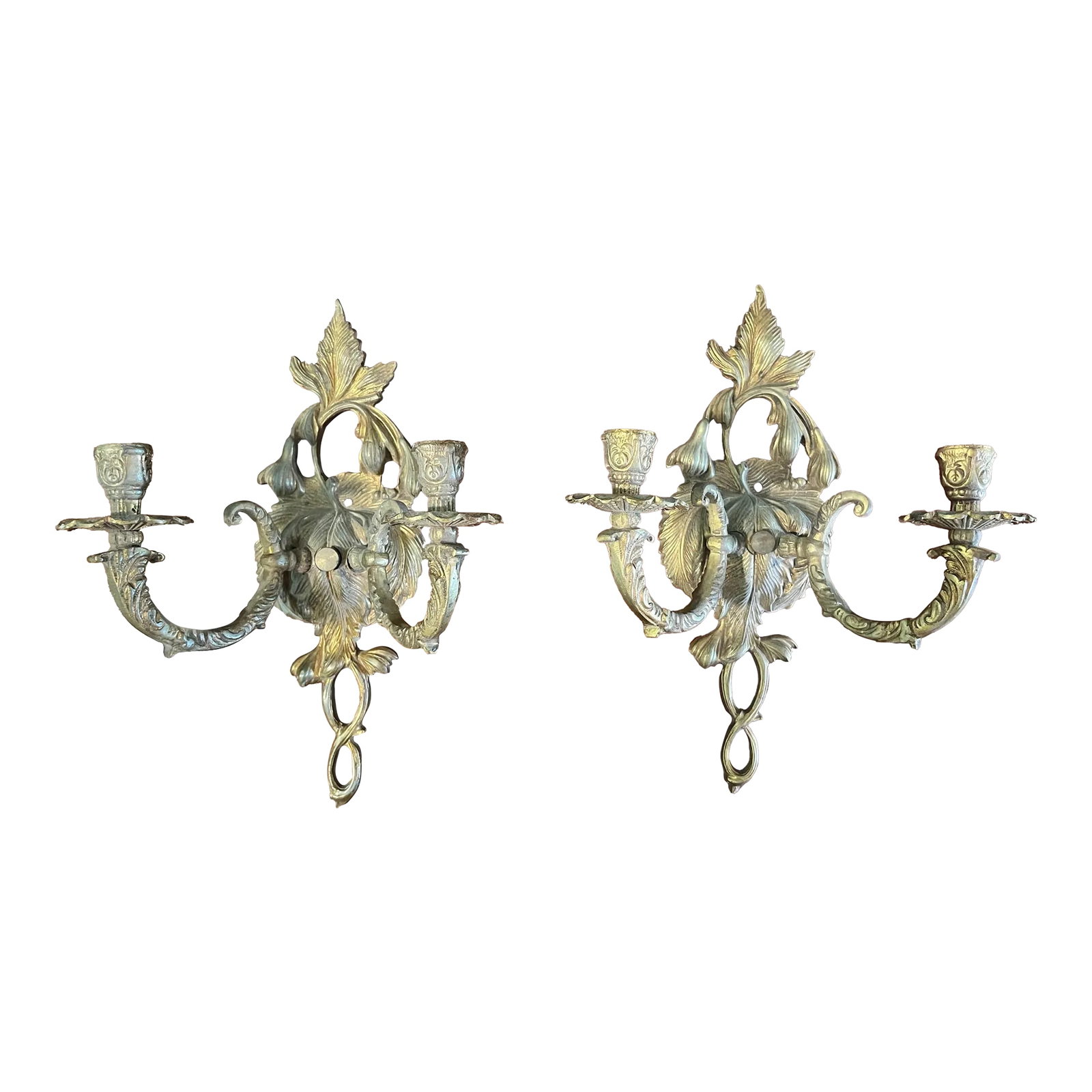 Pair of Antique French Gilt Bronze Wall Candle Sconces Late 19th Century: Pair of beautiful bronze patina wall sconces. Impeccable condition. 9" W x 12" H Condition: Alterations: Original Condition Unaltered Imperfections: Some Imperfections Condition Notes: Pristine antiqu