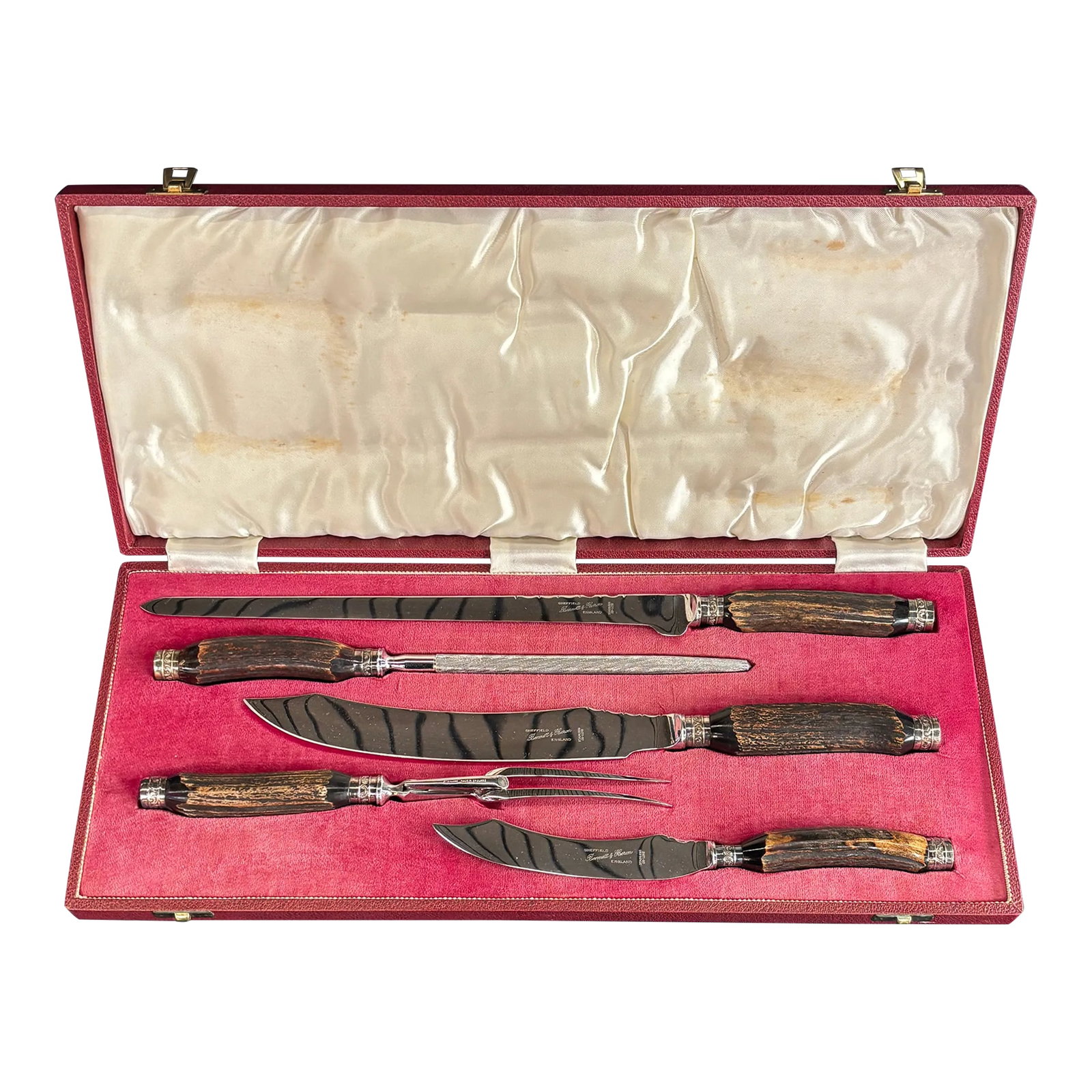 1920s Sheffield Stainless Steel Carving Set in Original Box- 5 Pieces: Exquisite Stag's horn handled five piece carving set in its original silk and velvet presentation box. Never used, these are in pristine condition. A valuable addition to a collection, this is truly