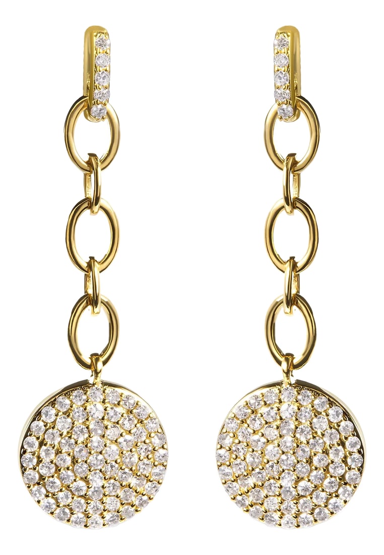18K Yellow Gold Plated .925 Sterling Silver 1.0 Cttw Diamond Composite Cluster Dangle Chain Earrings: Dazzle and delight with these stunning diamond chain dangle earrings, crafted from 18K yellow gold plated .925 sterling silver. The 132 round diamonds that make up the 1.0 cttw composite cluster
