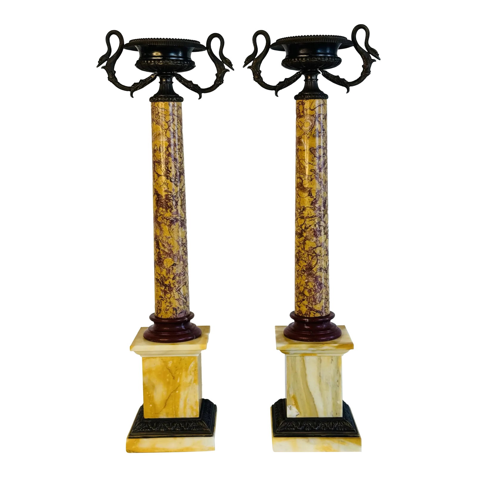Late 20th Century Italian Marble Candle Pillars With Serpant Metal Accents, a Pair (1 of 9)