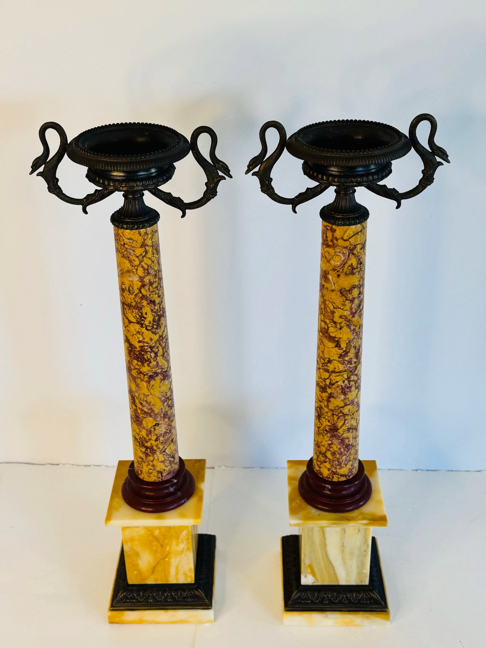 Late 20th Century Italian Marble Candle Pillars With Serpant Metal Accents, a Pair - 2