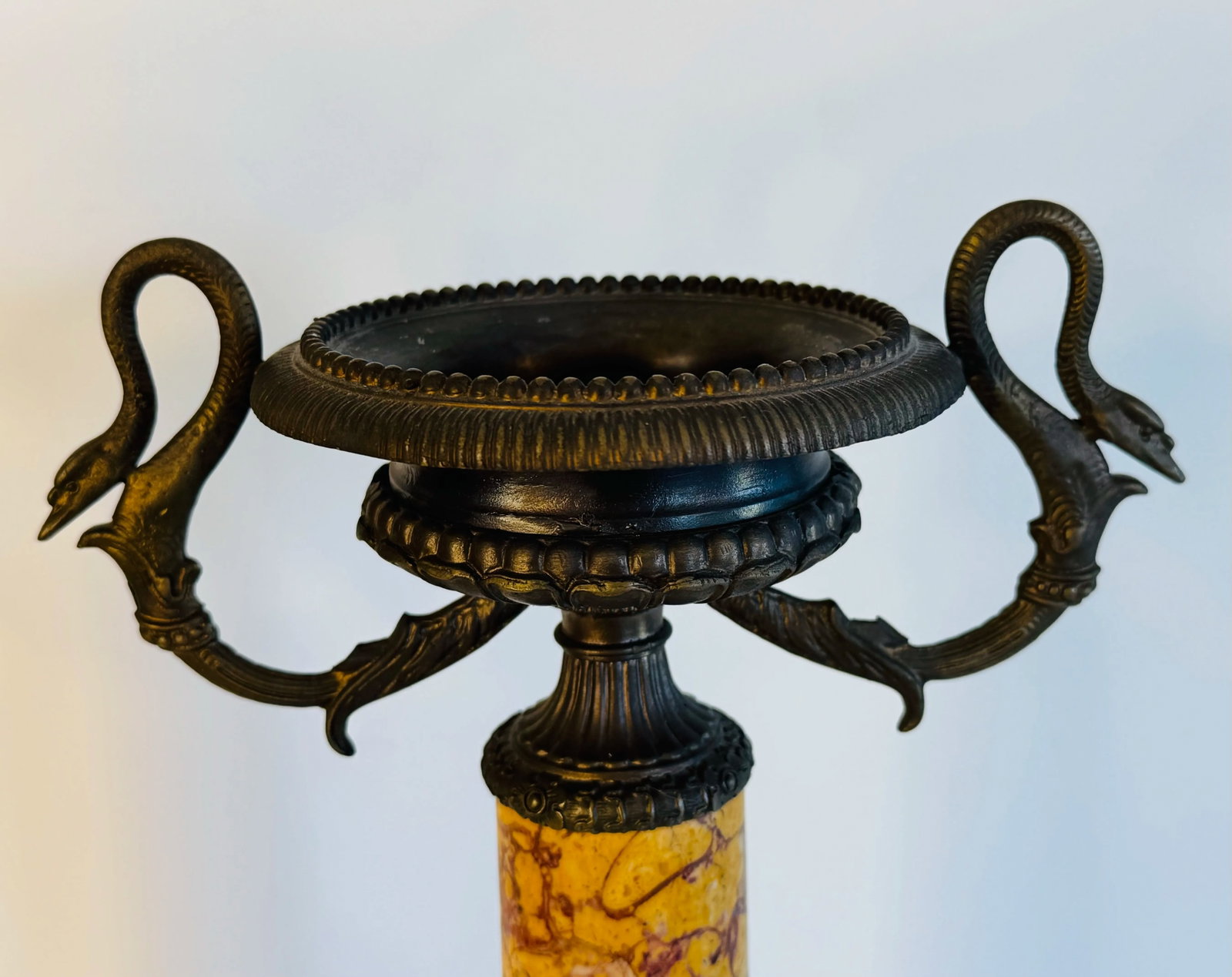 Late 20th Century Italian Marble Candle Pillars With Serpant Metal Accents, a Pair - 3