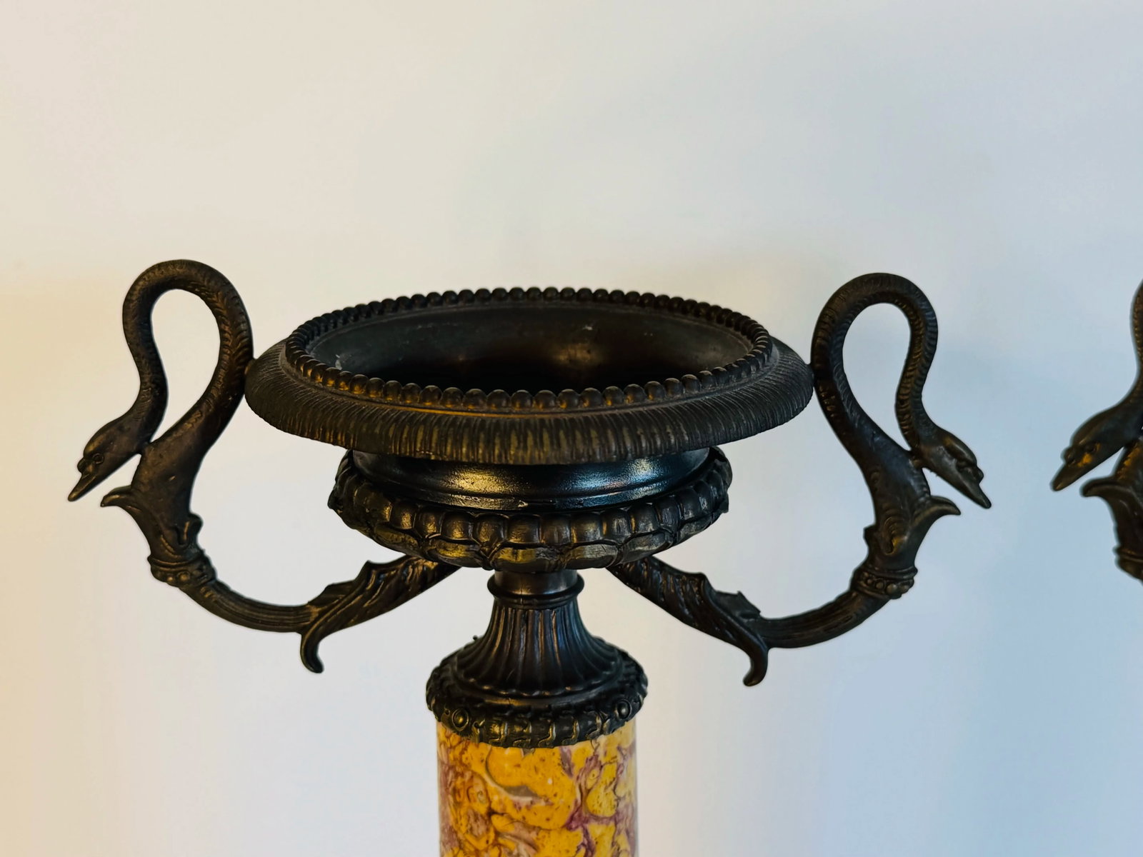 Late 20th Century Italian Marble Candle Pillars With Serpant Metal Accents, a Pair - 4
