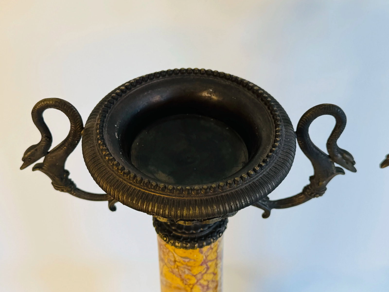 Late 20th Century Italian Marble Candle Pillars With Serpant Metal Accents, a Pair - 5