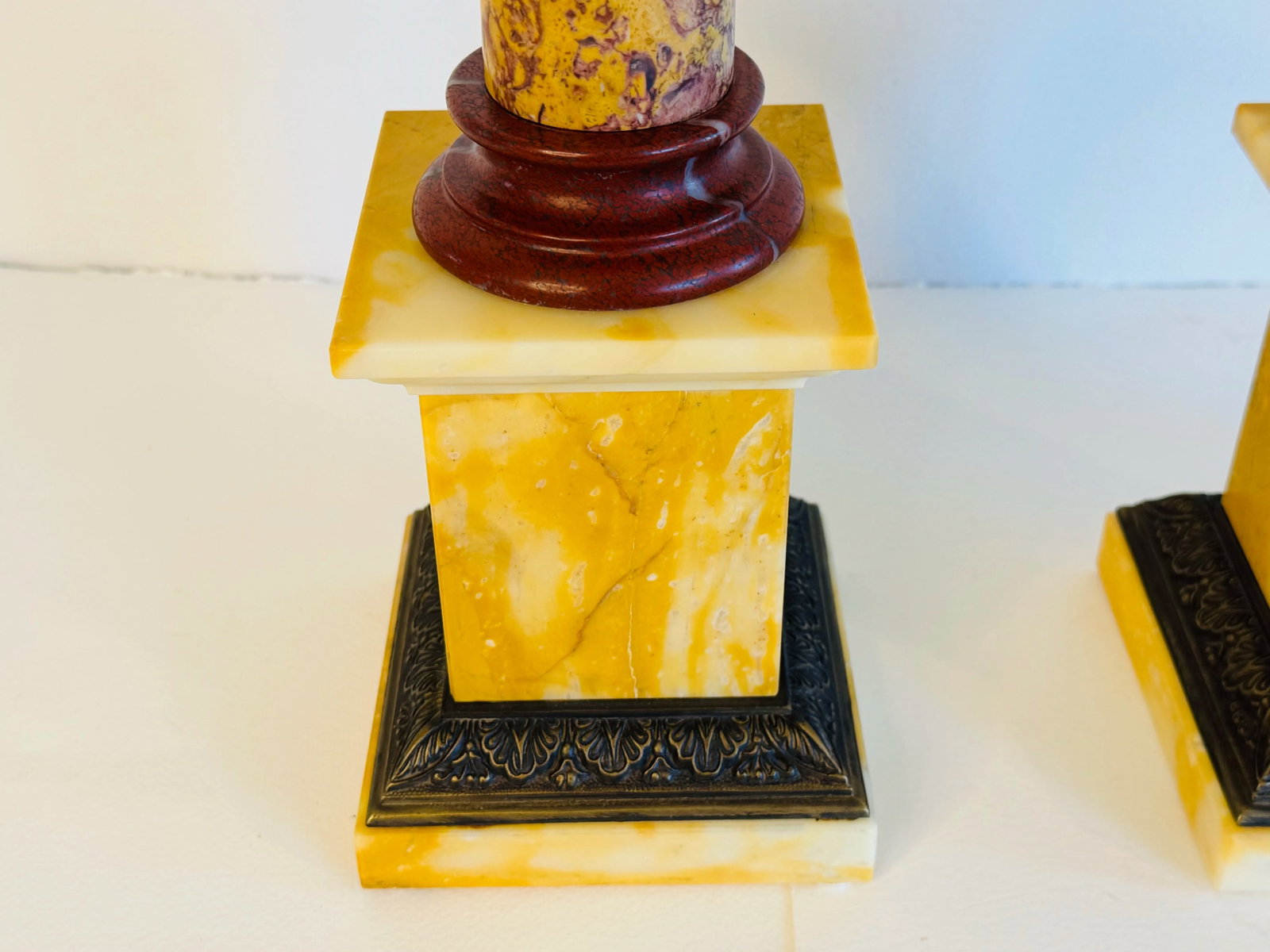 Late 20th Century Italian Marble Candle Pillars With Serpant Metal Accents, a Pair - 6