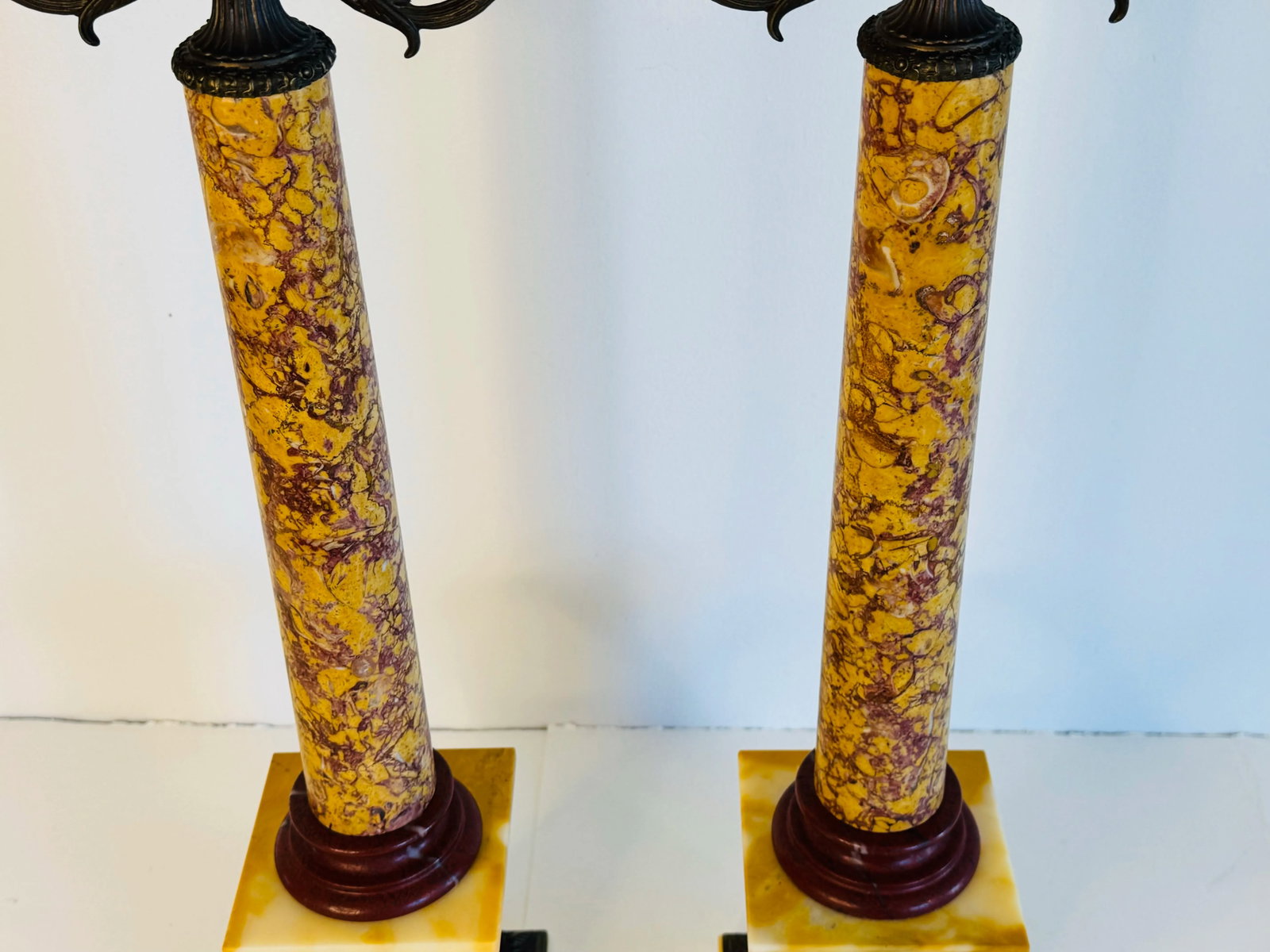 Late 20th Century Italian Marble Candle Pillars With Serpant Metal Accents, a Pair - 7