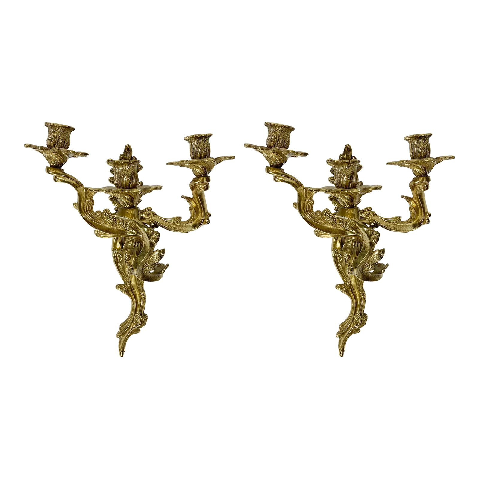 Early 20th C Louis XV Style Bronze Wall Candle Sconces, Pair: Elegant pair of 20th C Louis XV style cast brass sconces made by Glo-Mar Artworks Inc of New York City. Heavy pieces that incorporate timeless Rococo design elements and are a substantial pair of thre