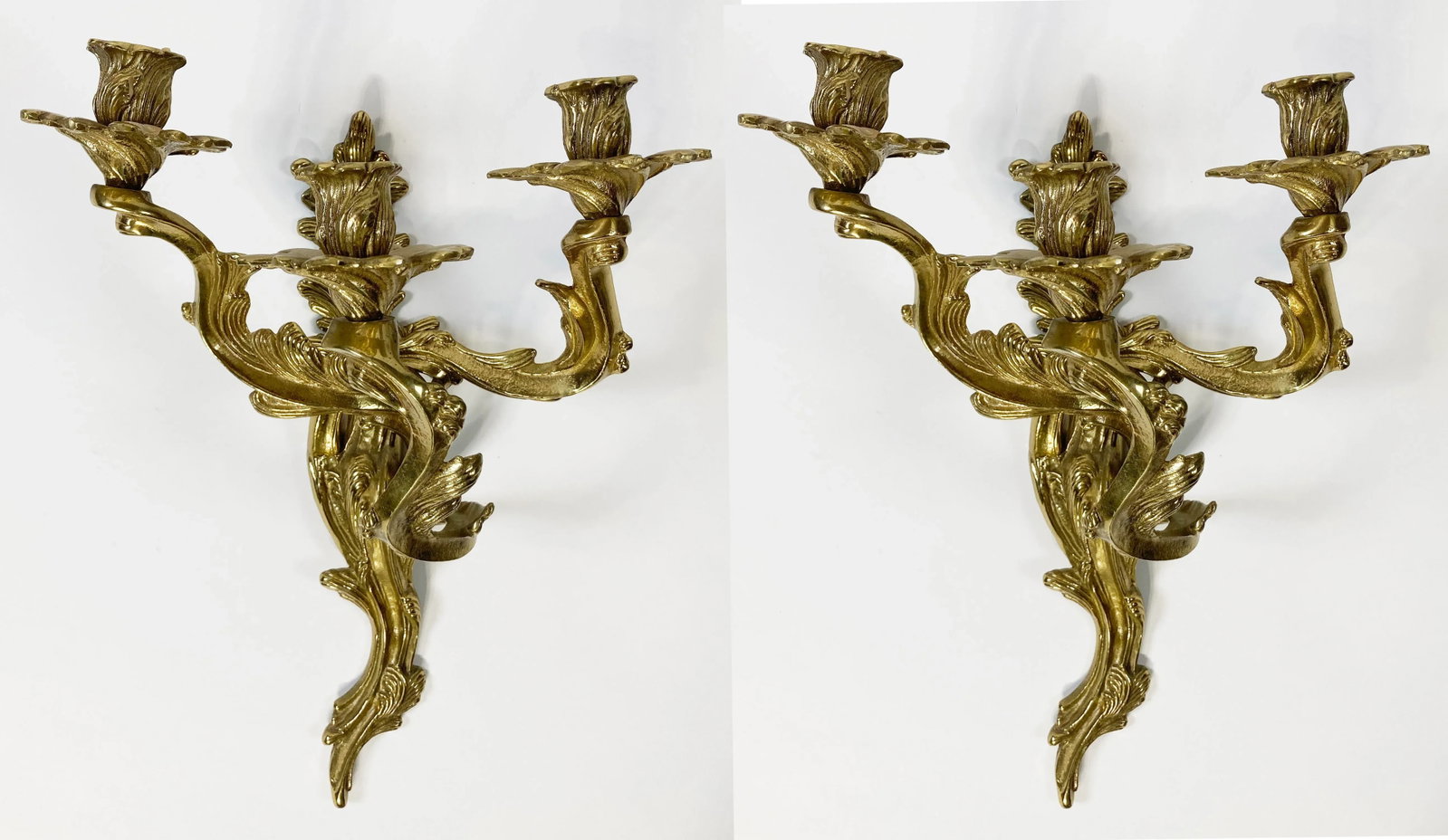 Early 20th C Louis XV Style Bronze Wall Candle Sconces, Pair - 2