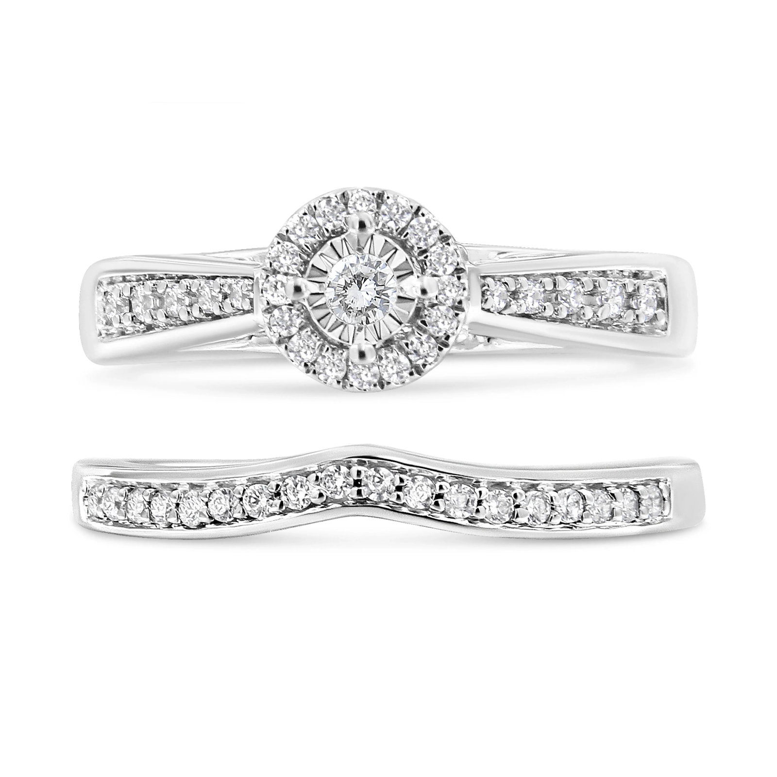 .925 Sterling Silver 1/3 Cttw Diamond Halo and Pave Shank Engagement Ring Set (I-J Color, I3 Clarity - 2