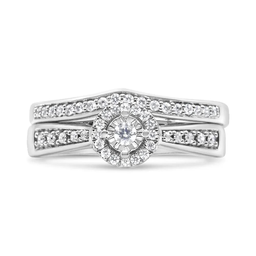 .925 Sterling Silver 1/3 Cttw Diamond Halo and Pave Shank Engagement Ring Set (I-J Color, I3 Clarity - 4